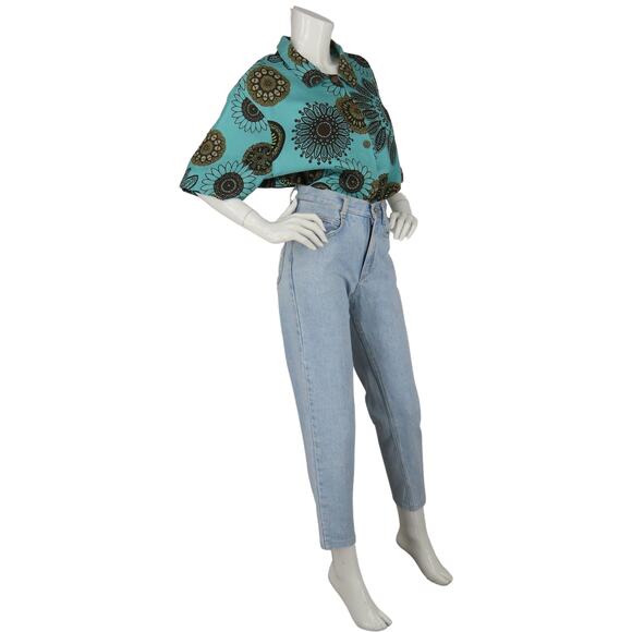 Hot Cotton Marc Medallions Floral All Over Print Turquoise Linen Blouse Shirt 2X - Picture 6 of 10